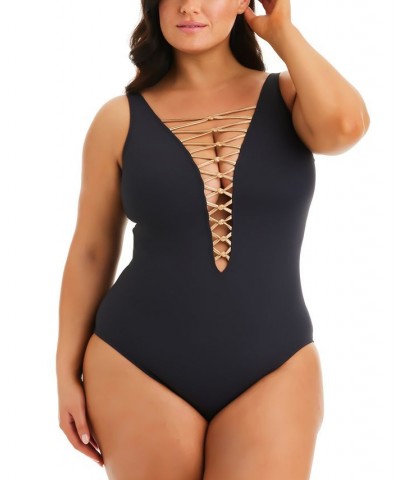 Plus Size Kore Lace-Up One-Piece Swimsuit Black $48.65 Swimsuits