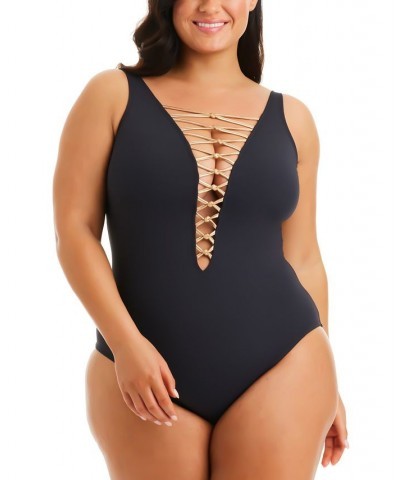 Plus Size Kore Lace-Up One-Piece Swimsuit Black $48.65 Swimsuits