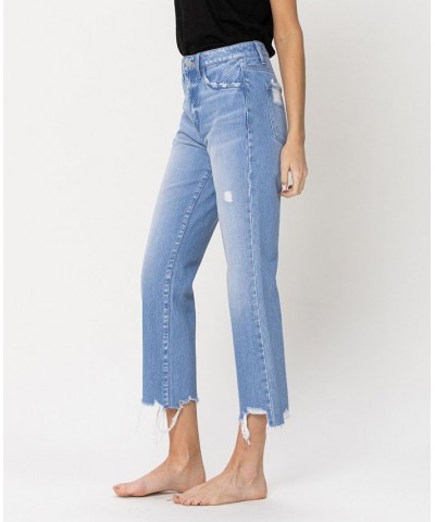 Women's High Rise Vintage-Like Straight Crop Jeans with Distressed Hem Light Blue $42.53 Jeans