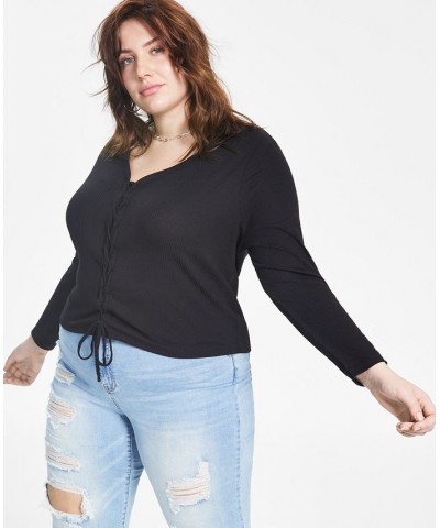 Trendy Plus Size Ribbed V-Neck Lace-Up Top Black $10.64 Tops