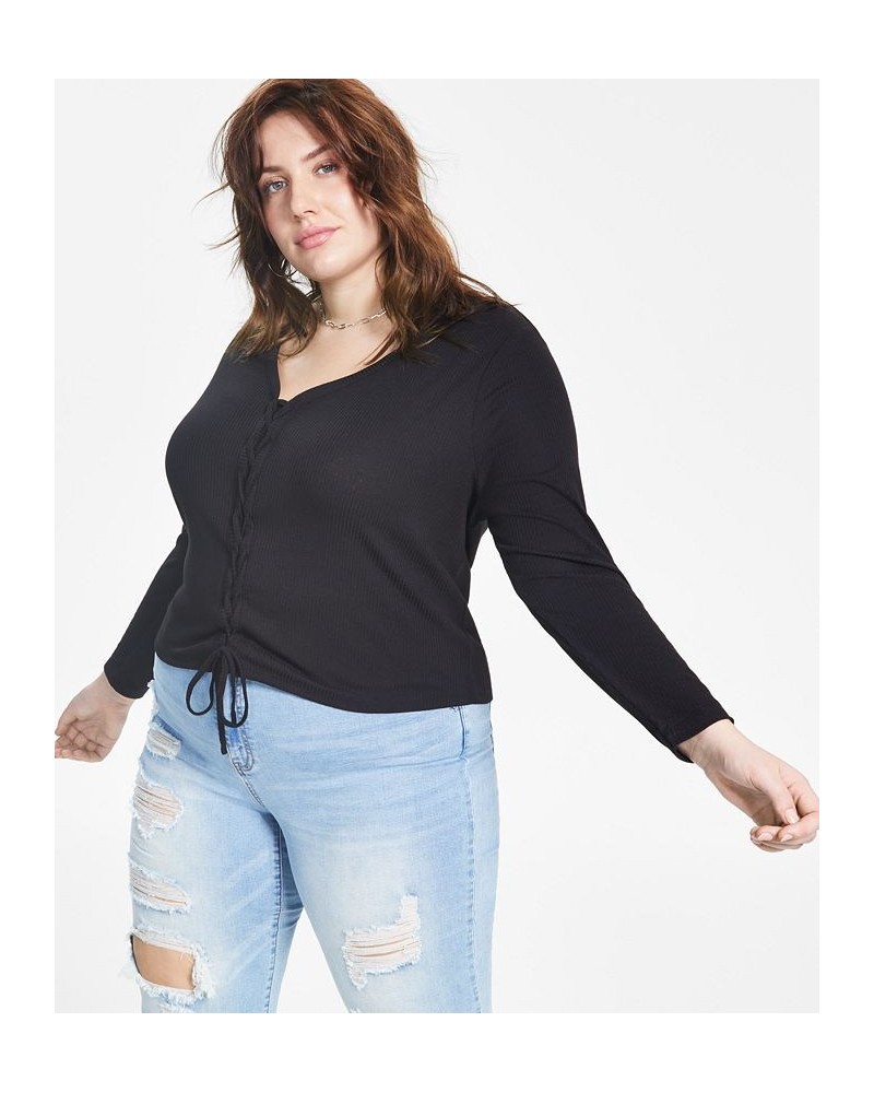 Trendy Plus Size Ribbed V-Neck Lace-Up Top Black $10.64 Tops