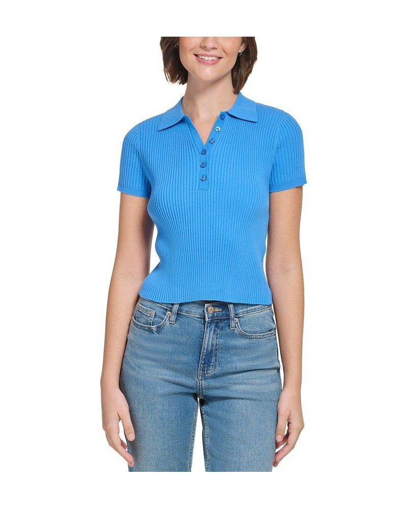 Women's Ribbed Cap Sleeve Polo Blue $22.26 Tops