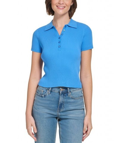 Women's Ribbed Cap Sleeve Polo Blue $22.26 Tops