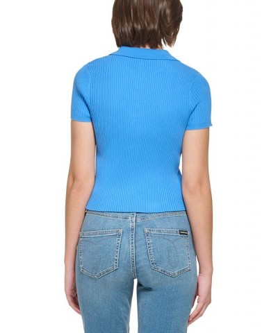 Women's Ribbed Cap Sleeve Polo Blue $22.26 Tops