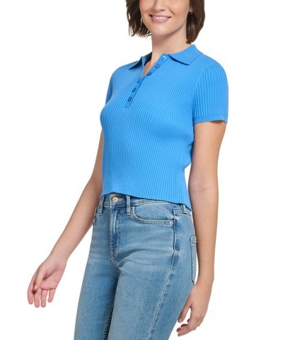 Women's Ribbed Cap Sleeve Polo Blue $22.26 Tops