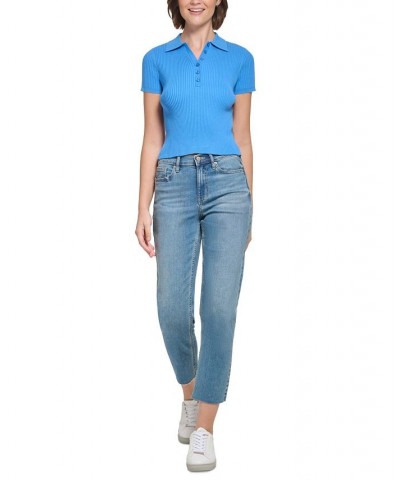 Women's Ribbed Cap Sleeve Polo Blue $22.26 Tops