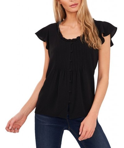 Women's Pintuck Flutter-Sleeve Blouse Black $33.97 Tops