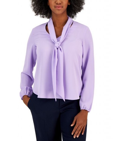 Women's Long Sleeve Bow Blouse Regular and Petite Sizes Lavender Mist $25.51 Tops