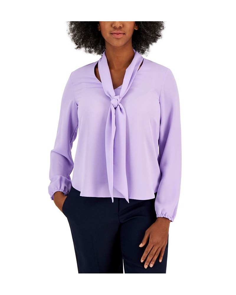 Women's Long Sleeve Bow Blouse Regular and Petite Sizes Lavender Mist $25.51 Tops