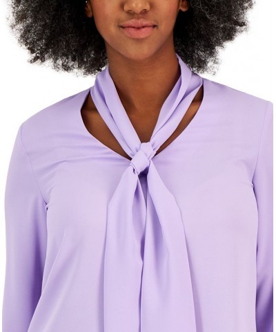 Women's Long Sleeve Bow Blouse Regular and Petite Sizes Lavender Mist $25.51 Tops