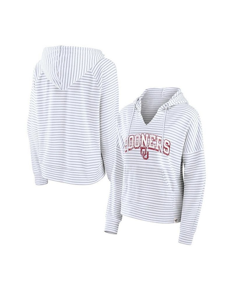 Women's Branded White Oklahoma Sooners Striped Notch Neck Pullover Hoodie White $29.25 Sweatshirts