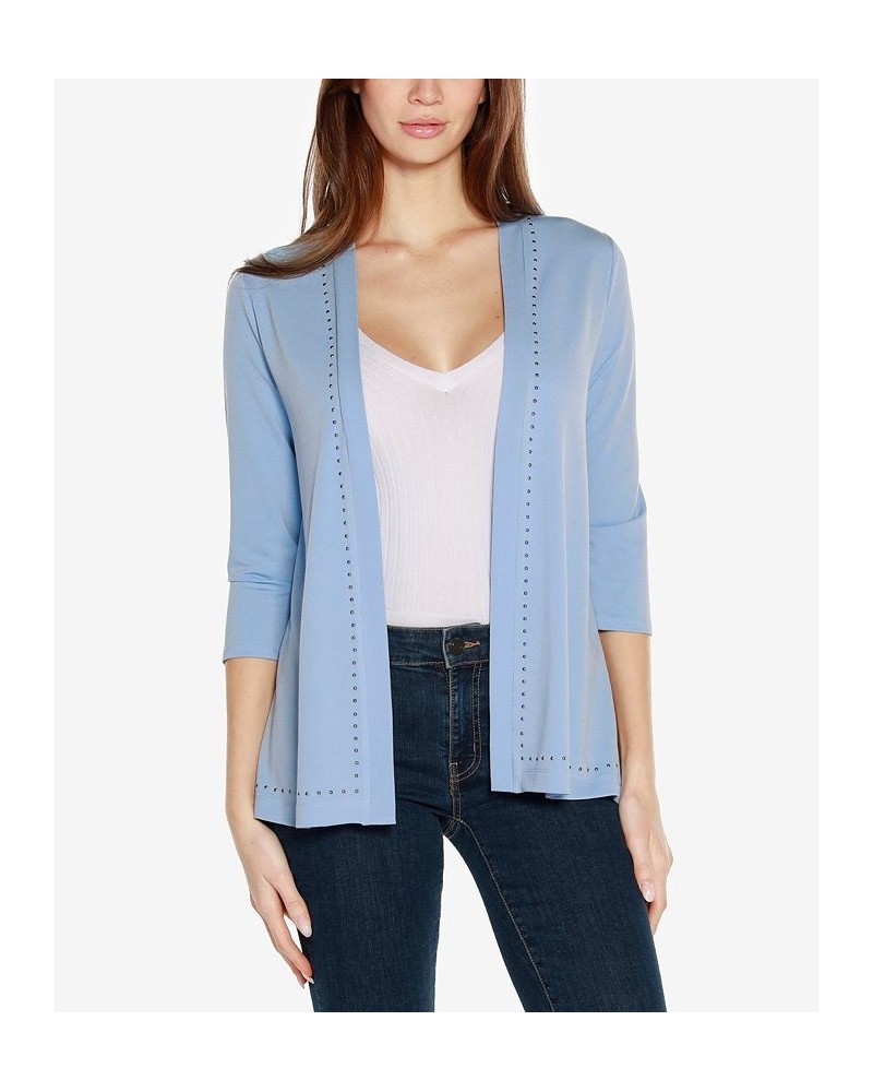 Black Label Women's Stud Trim 3/4 Sleeve Cardigan Blue $36.55 Tops