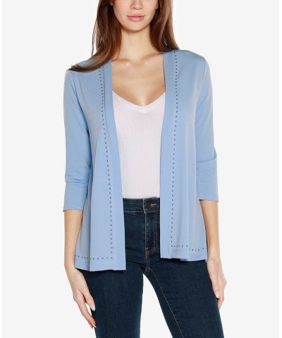 Black Label Women's Stud Trim 3/4 Sleeve Cardigan Blue $36.55 Tops