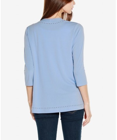 Black Label Women's Stud Trim 3/4 Sleeve Cardigan Blue $36.55 Tops