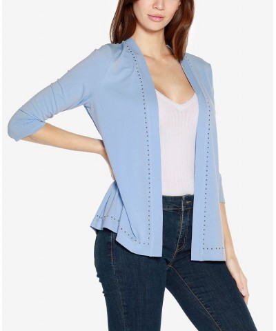 Black Label Women's Stud Trim 3/4 Sleeve Cardigan Blue $36.55 Tops