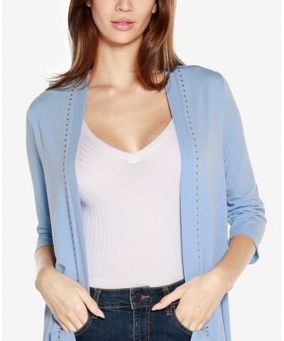 Black Label Women's Stud Trim 3/4 Sleeve Cardigan Blue $36.55 Tops