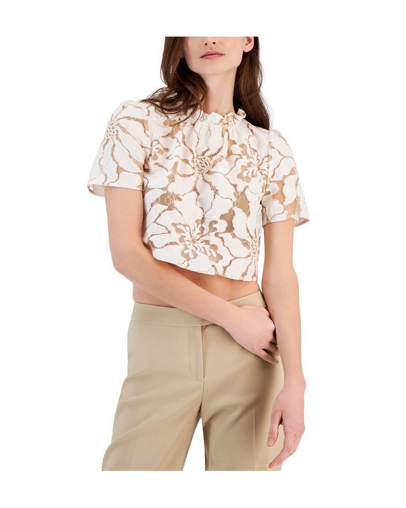 Women's Lace Ruffle-Neck Cropped-Hem Blouse Latte/anne White $26.24 Tops