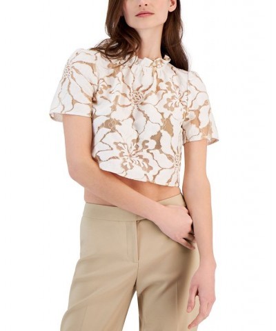 Women's Lace Ruffle-Neck Cropped-Hem Blouse Latte/anne White $26.24 Tops