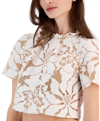 Women's Lace Ruffle-Neck Cropped-Hem Blouse Latte/anne White $26.24 Tops