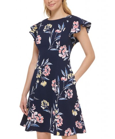 Women's Flutter-Sleeve Floral-Print Fit & Flare Mini Dress Navy Yellow $48.51 Dresses