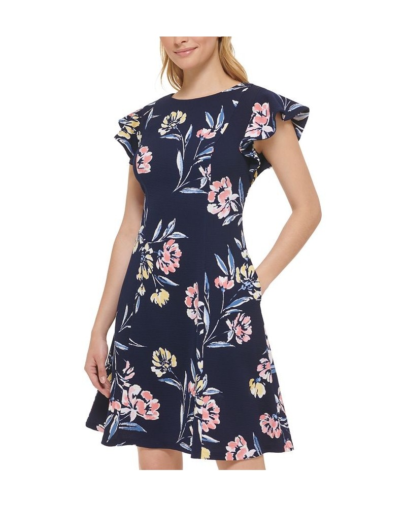 Women's Flutter-Sleeve Floral-Print Fit & Flare Mini Dress Navy Yellow $48.51 Dresses