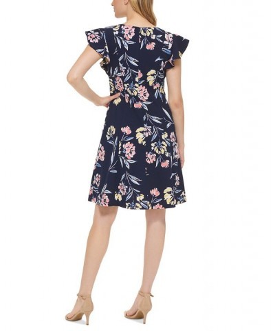 Women's Flutter-Sleeve Floral-Print Fit & Flare Mini Dress Navy Yellow $48.51 Dresses