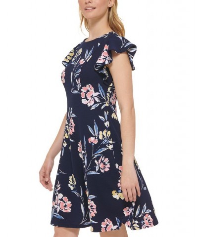 Women's Flutter-Sleeve Floral-Print Fit & Flare Mini Dress Navy Yellow $48.51 Dresses