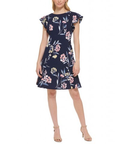 Women's Flutter-Sleeve Floral-Print Fit & Flare Mini Dress Navy Yellow $48.51 Dresses