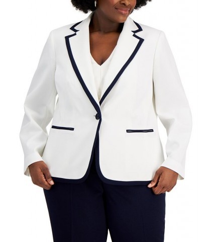 Plus Size Contrast-Trim One-Button Pantsuit Natural White/navy $72.00 Suits