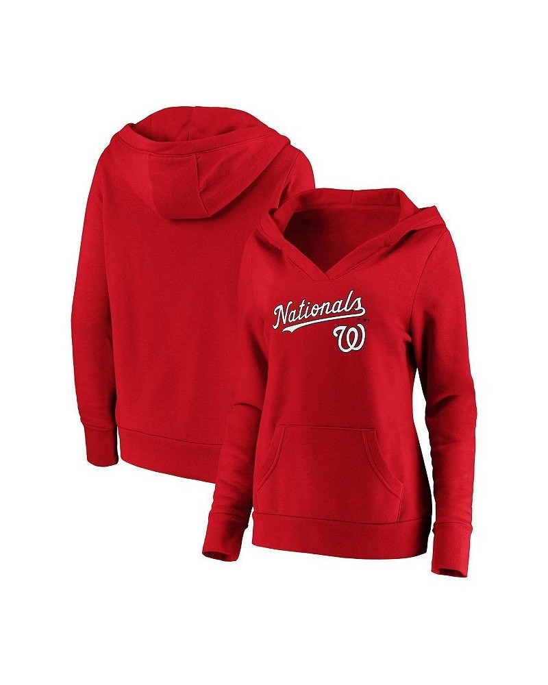 Women's Red Washington Nationals Core Team Lockup V-Neck Pullover Hoodie Red $41.59 Sweatshirts