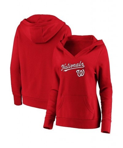 Women's Red Washington Nationals Core Team Lockup V-Neck Pullover Hoodie Red $41.59 Sweatshirts