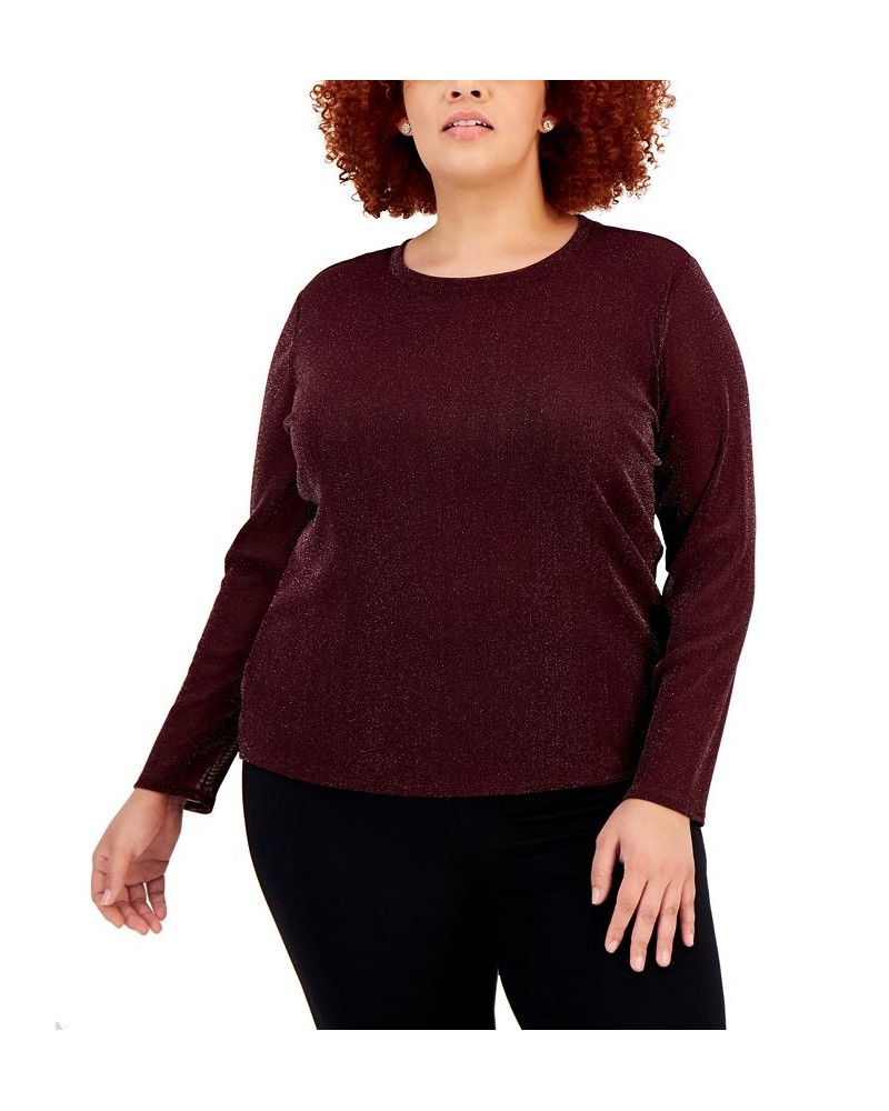 Plus Size Metallic-Mesh Long-Sleeve Top Red $13.90 Tops