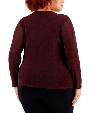 Plus Size Metallic-Mesh Long-Sleeve Top Red $13.90 Tops