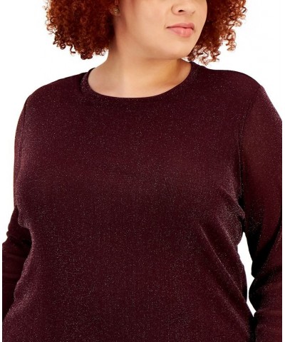 Plus Size Metallic-Mesh Long-Sleeve Top Red $13.90 Tops