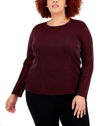 Plus Size Metallic-Mesh Long-Sleeve Top Red $13.90 Tops