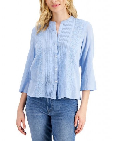 Women's Cotton Pintuck Embroidered Blouse Blue Sky $27.92 Tops