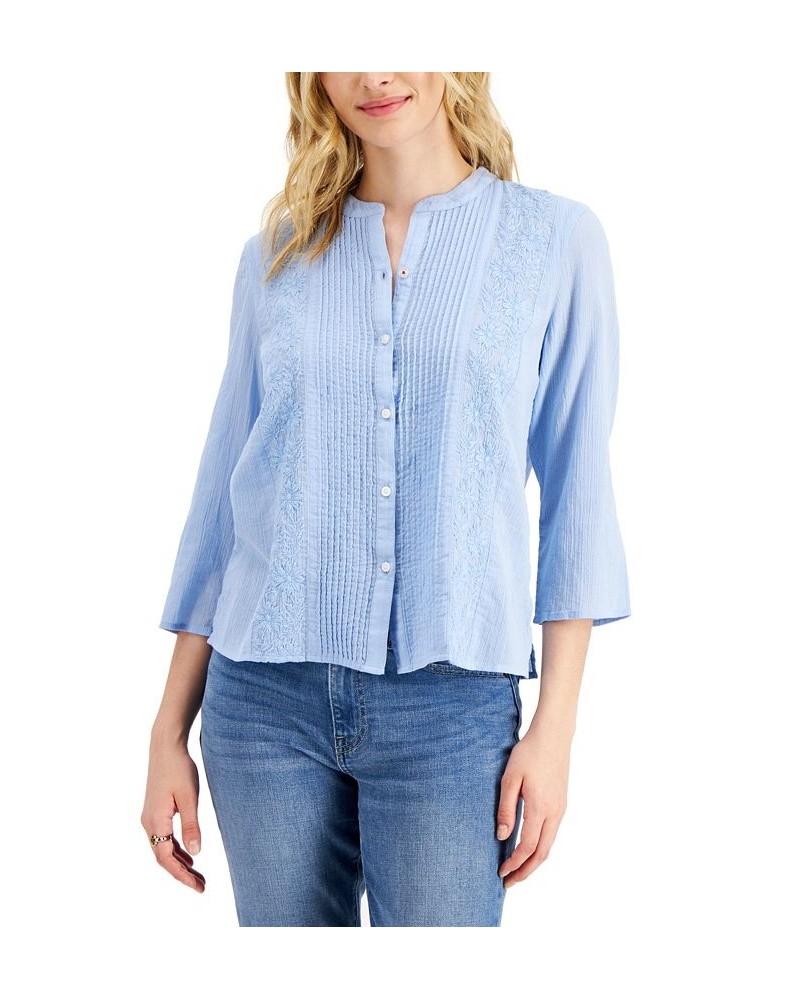 Women's Cotton Pintuck Embroidered Blouse Blue Sky $27.92 Tops