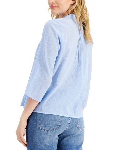 Women's Cotton Pintuck Embroidered Blouse Blue Sky $27.92 Tops