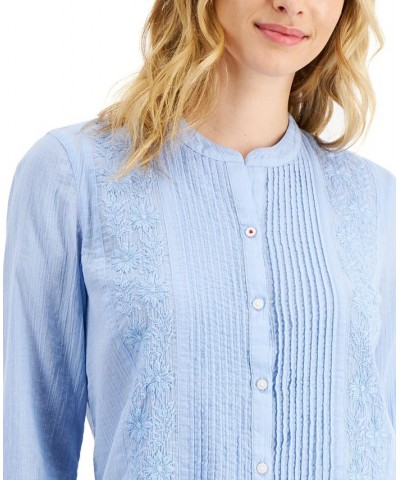 Women's Cotton Pintuck Embroidered Blouse Blue Sky $27.92 Tops