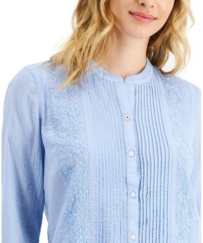 Women's Cotton Pintuck Embroidered Blouse Blue Sky $27.92 Tops