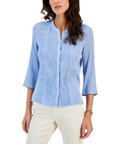 Women's Cotton Pintuck Embroidered Blouse Blue Sky $27.92 Tops