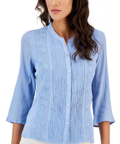 Women's Cotton Pintuck Embroidered Blouse Blue Sky $27.92 Tops