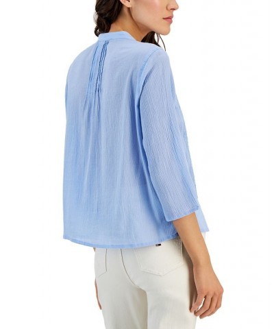 Women's Cotton Pintuck Embroidered Blouse Blue Sky $27.92 Tops