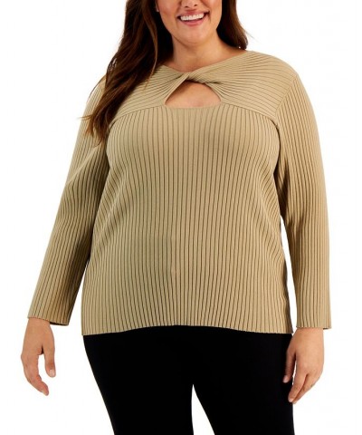 Plus Size Ribbed Front-Cutout Twist-Neck Sweater Chai $28.84 Sweaters