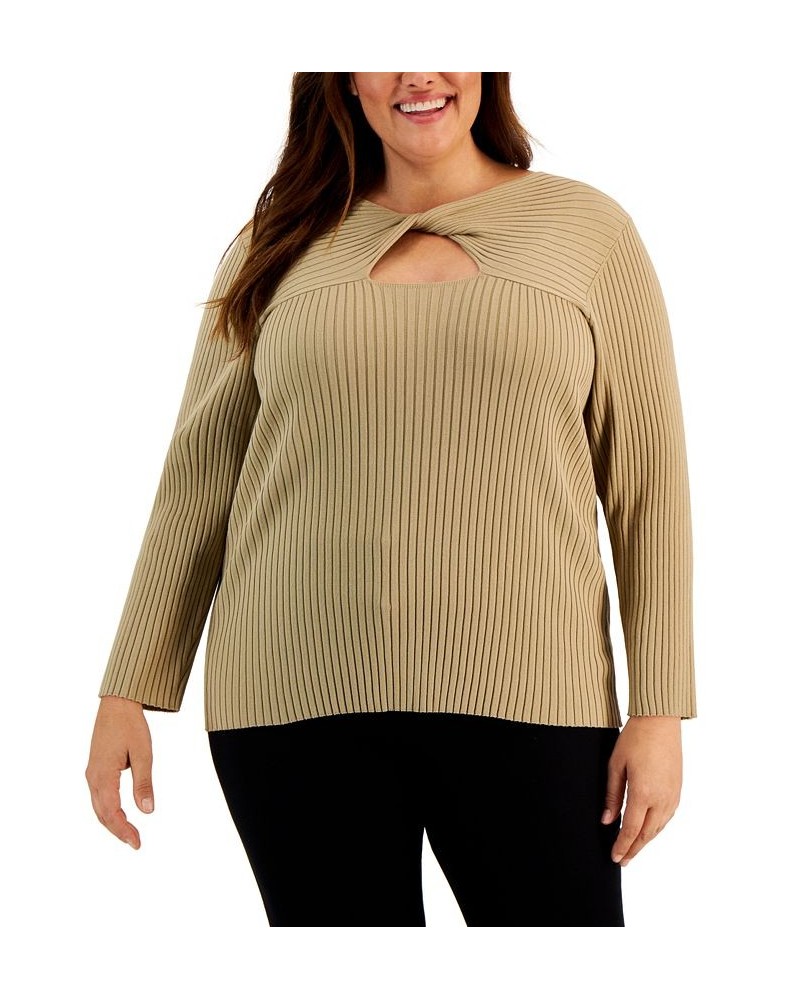 Plus Size Ribbed Front-Cutout Twist-Neck Sweater Chai $28.84 Sweaters