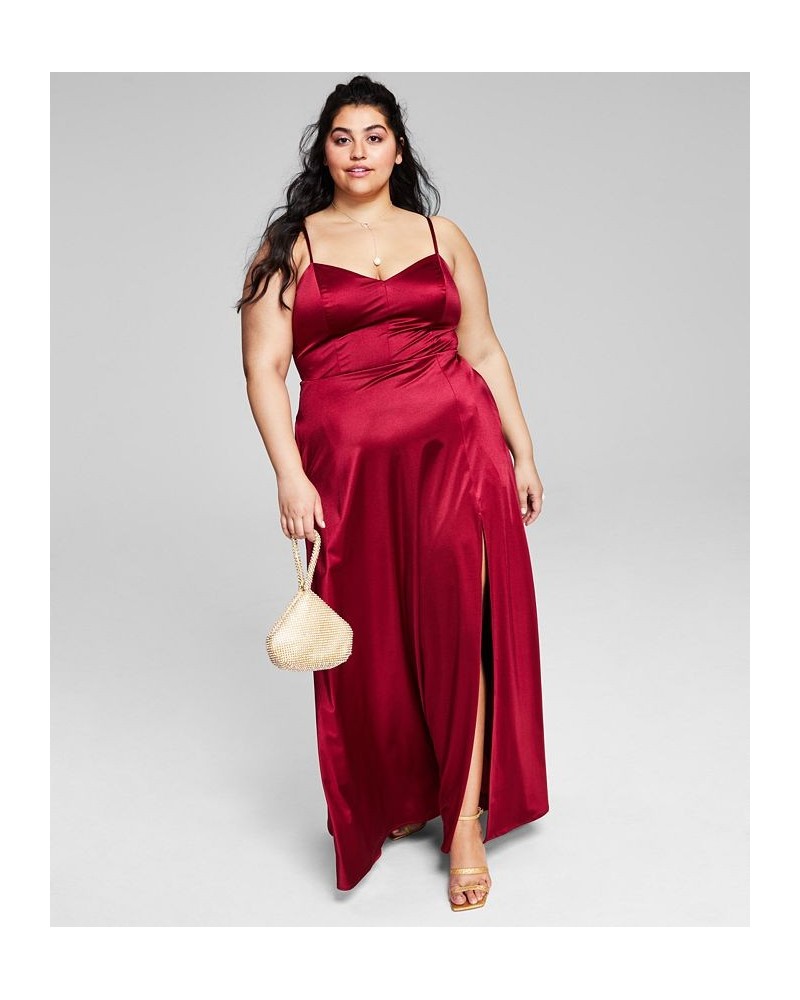 Trendy Plus Size Juniors' Spaghetti Strap Satin Gown Red $38.46 Dresses