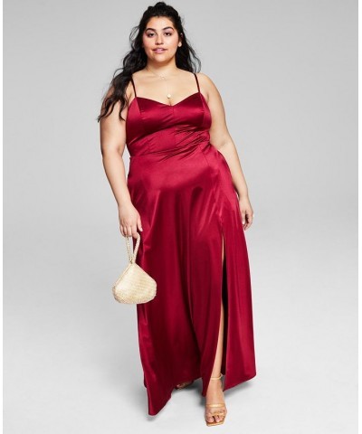 Trendy Plus Size Juniors' Spaghetti Strap Satin Gown Red $38.46 Dresses