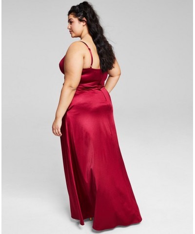 Trendy Plus Size Juniors' Spaghetti Strap Satin Gown Red $38.46 Dresses