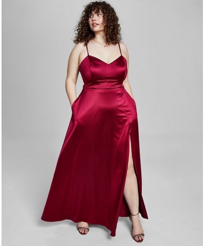 Trendy Plus Size Juniors' Spaghetti Strap Satin Gown Red $38.46 Dresses