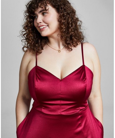 Trendy Plus Size Juniors' Spaghetti Strap Satin Gown Red $38.46 Dresses